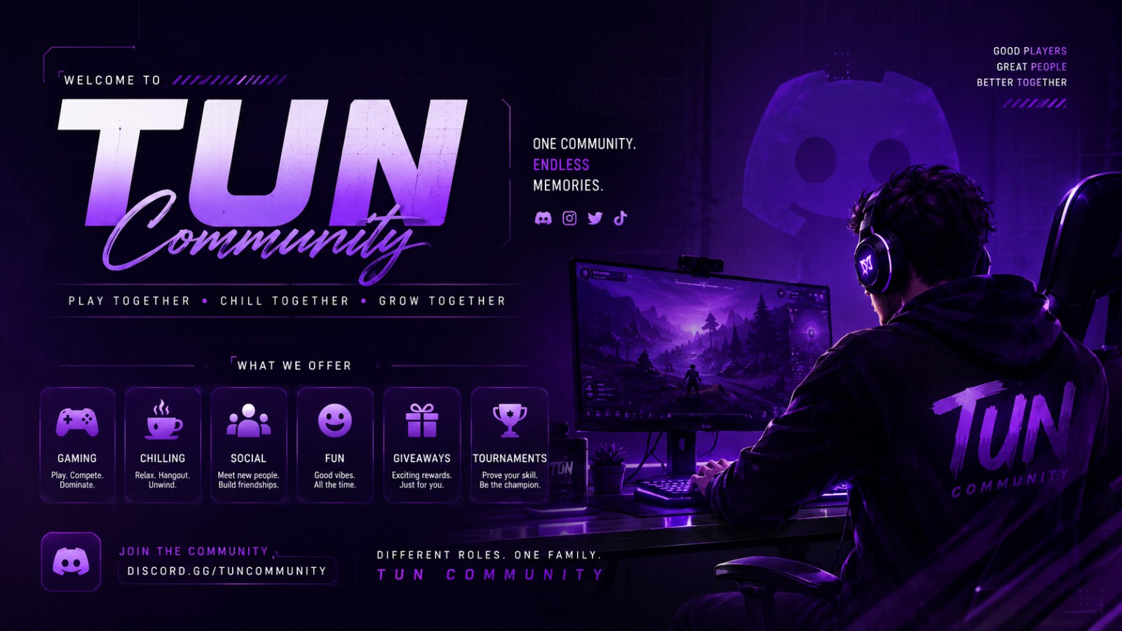 TUN Community — Welcome banner featuring a gamer at his setup